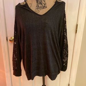 Gray lace sleeve cold shoulder top
